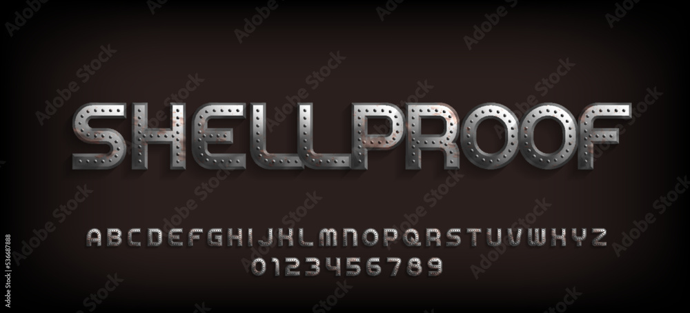 Fototapete shellproof alphabet font. rusty metal letters and numbers with rivets. stock vector typeface for you