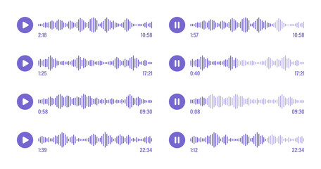 Voice message, social media chat conversation. Messaging app, music player, audio or video editor interface element. Voice assistant, recorder. Sound wave pattern. Vector illustration