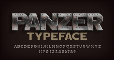 Panzer alphabet font. Rusted metal letters and numbers. Stock vector typeface for your design. - obrazy, fototapety, plakaty