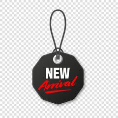 Realistic black price tag. Special offer or shopping discount label. Retail paper sticker. Promotional sale badge with text. Vector illustration.