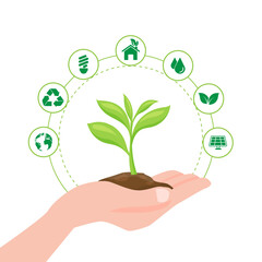 hand save tree and icon ecology. protecting globe of green tree. sustainable and environment concept.vector illustration in flat style modern design. isolated on white background.