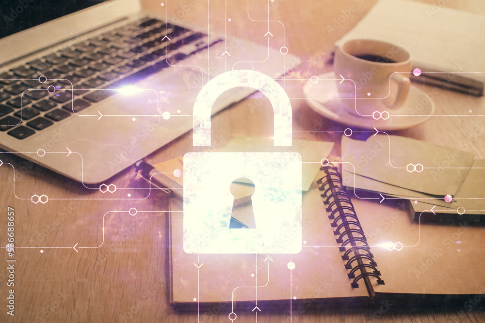 Poster Double exposure of lock drawing and desktop with coffee and items on table background. Concept of securitization.