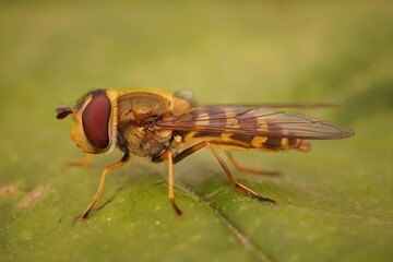 Closeup on a yellow striped, haire-eyed Syrphus torvus hoverfly