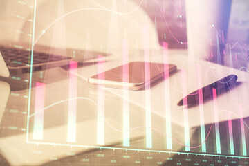 Double exposure of forex graph drawing and cell phone background. Concept of financial data analysis