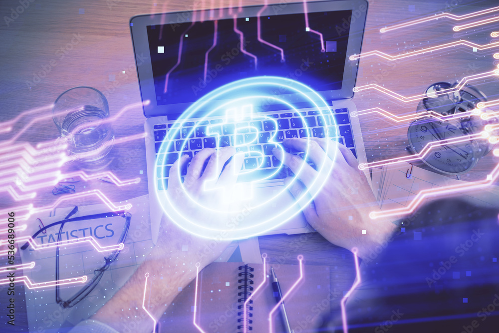 Poster Double exposure of man's hands typing over computer keyboard and crypto currency theme hologram drawing. Top view. Blockchain concept.