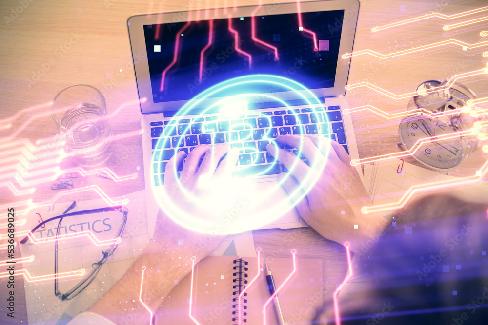 Poster Double exposure of man's hands typing over computer keyboard and crypto currency theme hologram drawing. Top view. Blockchain concept.