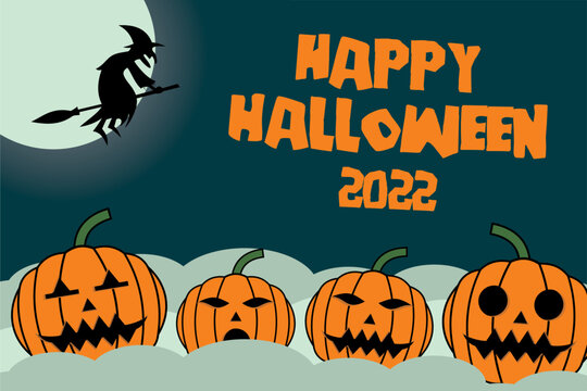 halloween banner wiith green color and witch flying above moon and 4 pumpkin