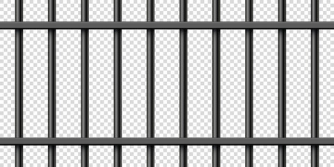 Black realistic metal prison bars. Detailed jail cage, prison iron fence. Criminal background mockup. Creative vector illustration.