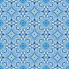 Blue white watercolor azulejos tile background. Seamless coastal geometric floral mosaic effect. Ornamental arabesque all over summer fashion damask repeat