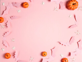 Halloween pink background with bats, spiders and pumpkins.
