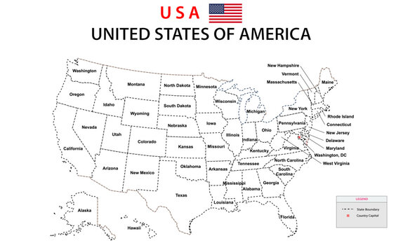 USA Map. Political map of the United States of America. US Map with white background and all states names.