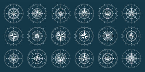 Vintage marine wind rose, nautical chart. Monochrome navigational compass with cardinal directions of North, East, South, West and degree markings. Geographical position, cartography and navigation.