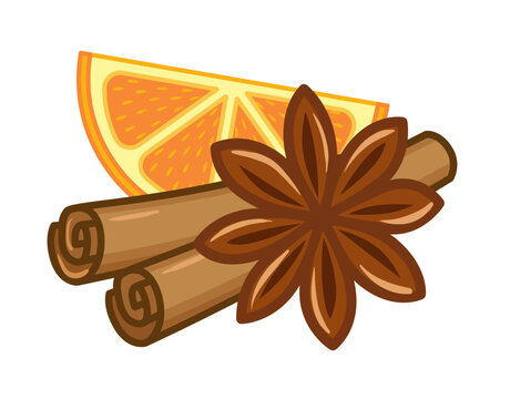 Vector illustration set of ingredients for mulled wine spices. A slice of orange fruit, cinnamon sticks and star anise