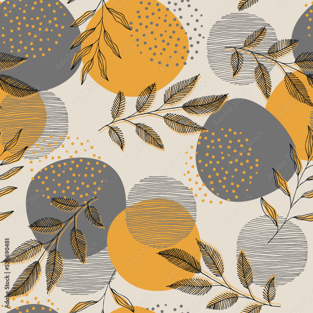Wall mural vector pattern with leaves, stripes and dots. scandinavian style. linear boho sketch