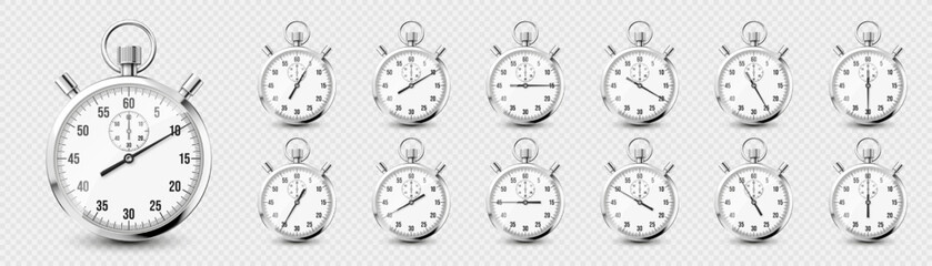 Realistic classic stopwatch icons. Shiny metal chronometer, time counter with dial. Countdown timer showing minutes and seconds. Time measurement for sport, start and finish. Vector illustration