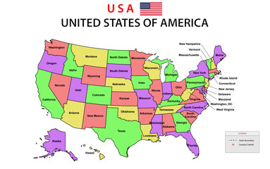 USA Map. Political map of the United States of America. US Map with color background and all states name.