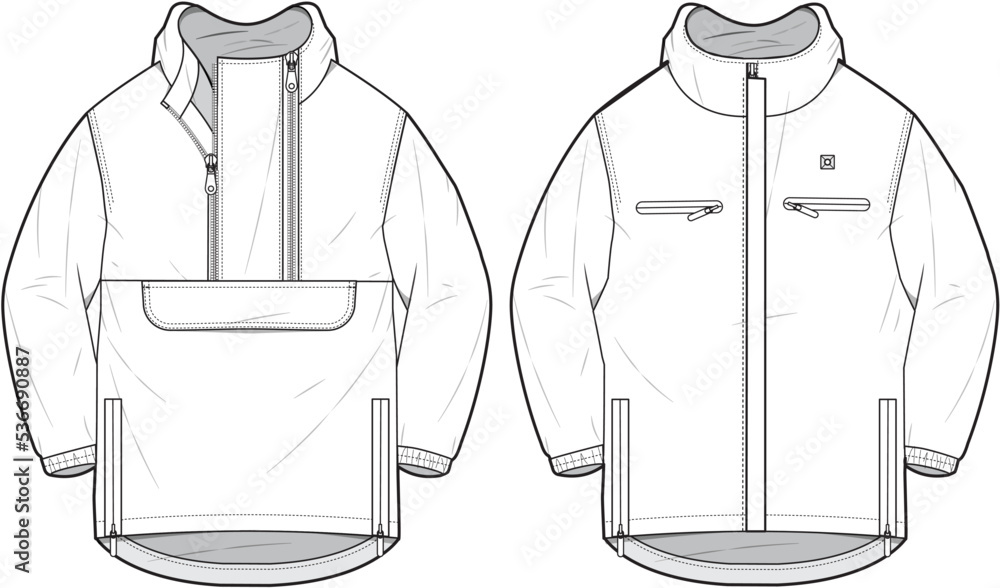 Sticker Anorak Jacket, Rain Coat, Winter Jackets Sets Fashion Illustration, Vector, CAD, Technical Drawing, Flat Drawing, Template, Mockup.