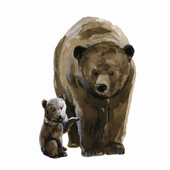 Beautiful vector stock illustration with hand drawn watercolor forest wild bear animal with baby. Clip art image.