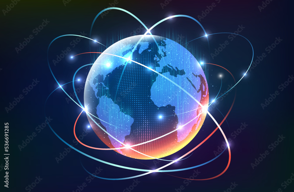 Poster 3d globe map with global social network connections, dots. planet with glowing rays around the earth