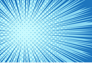 Blue Manga anime action frame lines with halftones. Pop art retro background with exploding rays of lightning comic style, vector illustration. Abstract explosive template with speed lines