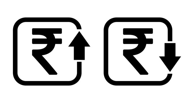 Set of cost symbol rupee increase and decrease icon. Money vector symbol isolated on background