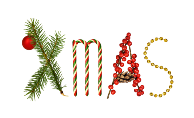 Lettering XMAS made from Christmas decorations, bred berries and pine twigs isolated