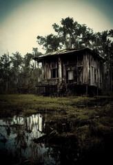 Illustration of creepy cabin on the swamp - obrazy, fototapety, plakaty