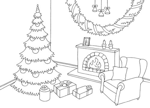 Living room graphic Christmas tree black white interior sketch illustration vector 