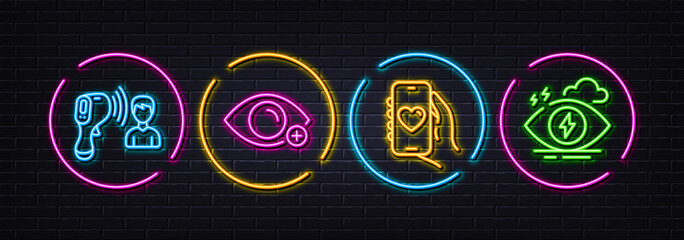 Obraz na płótnie Canvas Farsightedness, Dating app and Electronic thermometer minimal line icons. Neon laser 3d lights. Stress icons. For web, application, printing. Eye vision, Smartphone love, Temperature scan. Vector