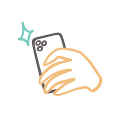 The hand holds the phone and takes a photo, the reverse side of the phone. Vector doodle cute cartoon outline icon.
