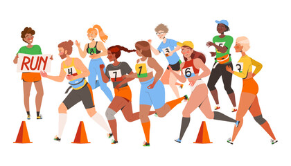 People Character Participating in Marathon Running in Sportswear with Numbers Vector Illustration