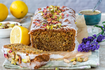Pistachio, cardamom and lemon drizzle cake