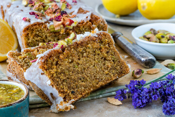 Pistachio, cardamom and lemon drizzle cake