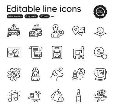 Set of Business outline icons. Contains icons as Airplane wifi, Inspect and Warning road elements. Engineering plan, Journey, Beer bottle web signs. Payment card, Startup. Vector