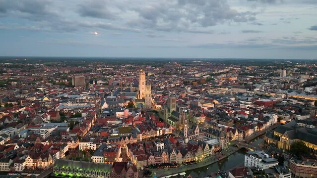 Aerial view of famous places Ghent, East Flanders province, Flemish Region of Belgium. The historic city center in the evening.