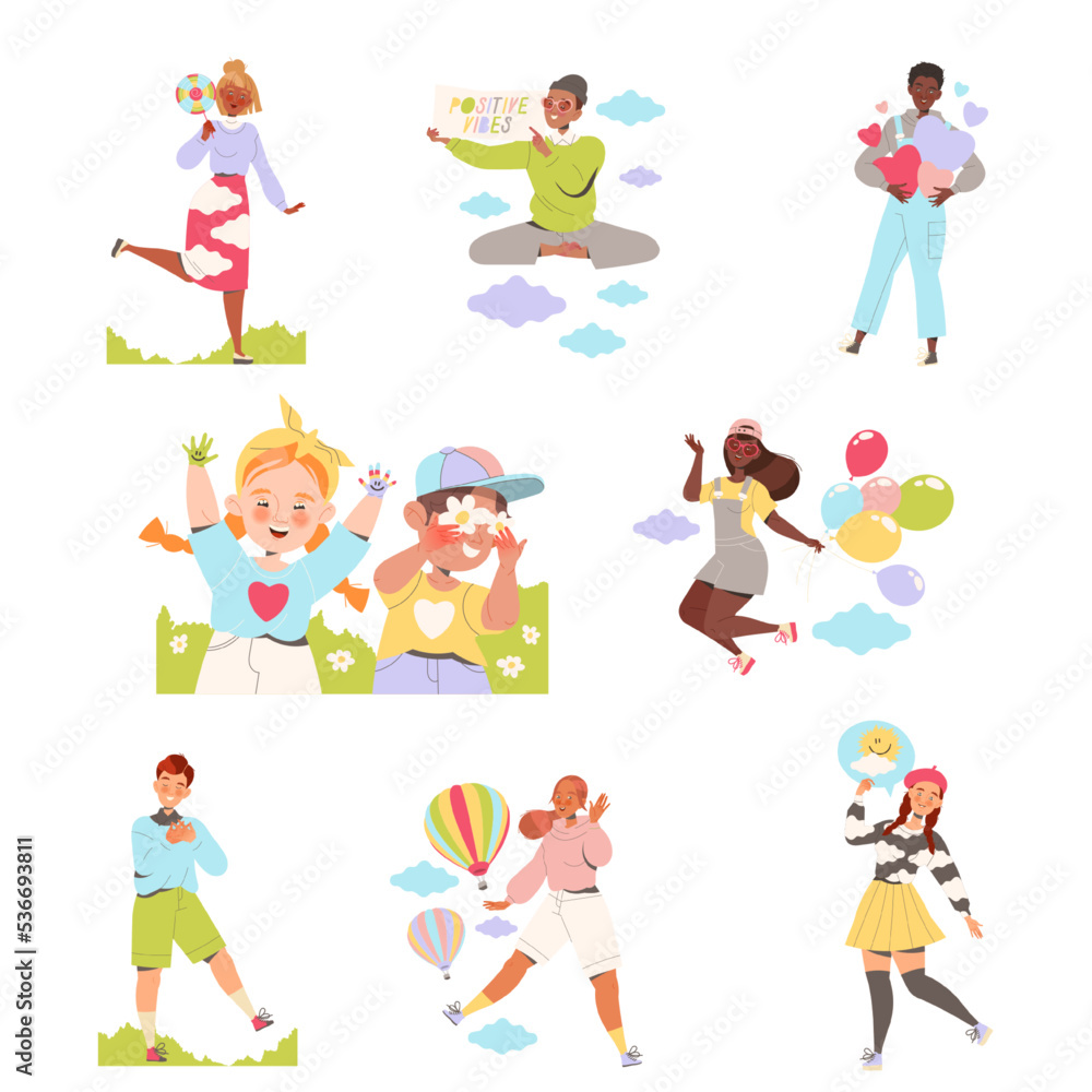 Poster happy people characters sharing positive vibes smiling and cheering expressing good emotion vector s
