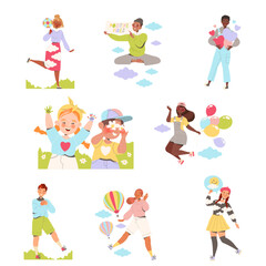 Happy People Characters Sharing Positive Vibes Smiling and Cheering Expressing Good Emotion Vector Set