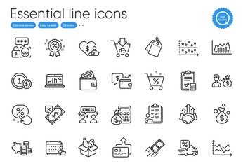 Discount, Volunteer and Piggy bank line icons. Collection of Shopping, Diagram chart, Money bag icons. Sallary, Cyber attack, Graph laptop web elements. Accounting checklist, Sale tags. Vector
