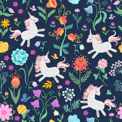 Magic seamless pattern with unicorns among flowers in fairy garden.