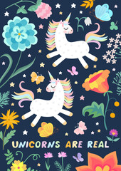 Cute card with unicorns, flowers and lettering 