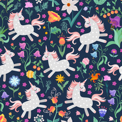 Fairytale seamless pattern with cute unicorns and flowers. Vector illustration. © Happy Dragon