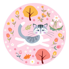 Cute cat in fairy forest with trees and flowers. Round composition with grey and white kitten.