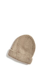 Beige knitted hat isolated on white Fashion cap for winter and autumn for woman