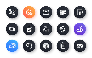 Minimal set of Vip timer, Freezing water and Vip mail flat icons for web development. Writer, Wallet money, Boxes pallet icons. Lock, Online voting, Refresh mail web elements. Cashback. Vector
