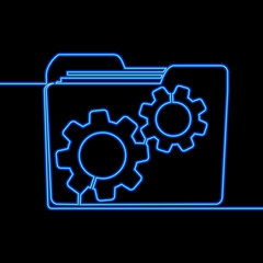 Continuous line drawing Folder with cogwheel Project management icon neon glow vector illustration concept