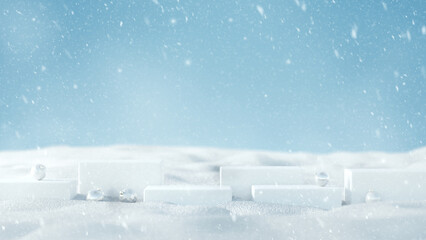 Background Christmas and new year winter holiday concept. Minimal white stage podium with snowfall on snow background, 3d rendering.