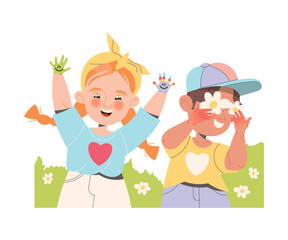 Happy Kids Sharing Positive Vibes with Colored Hands and Meadow Flowers Vector Illustration