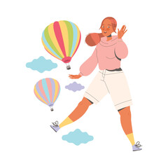 Happy Woman Character Jumping Sharing Positive Vibes and Flying Hot Air Balloons Vector Illustration