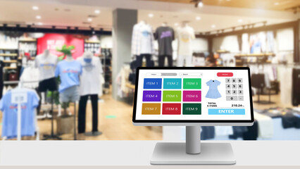 POS,Point of sale retail management system program concept.Modern touch screen cash register on white desk with blurred supermarket as background. - obrazy, fototapety, plakaty