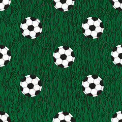 Soccer ball seamless pattern. Soccer balls in the green grass. Football background. European football wallpaper.